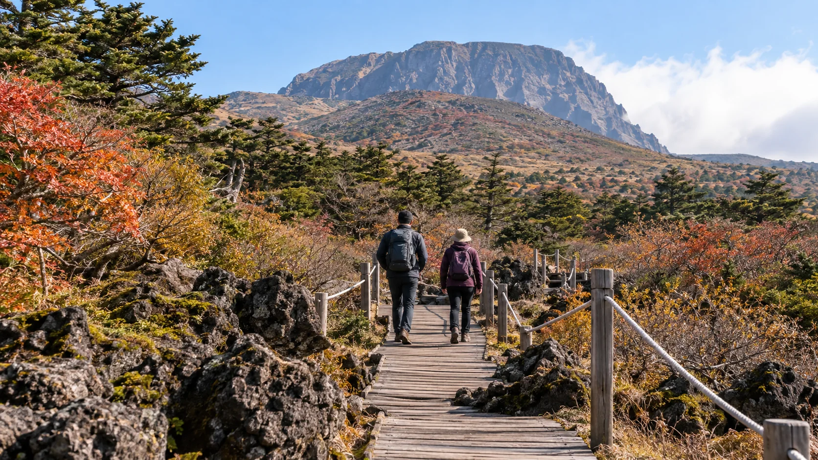 Hikers on a Hallasan-area volcanic trail in autumn