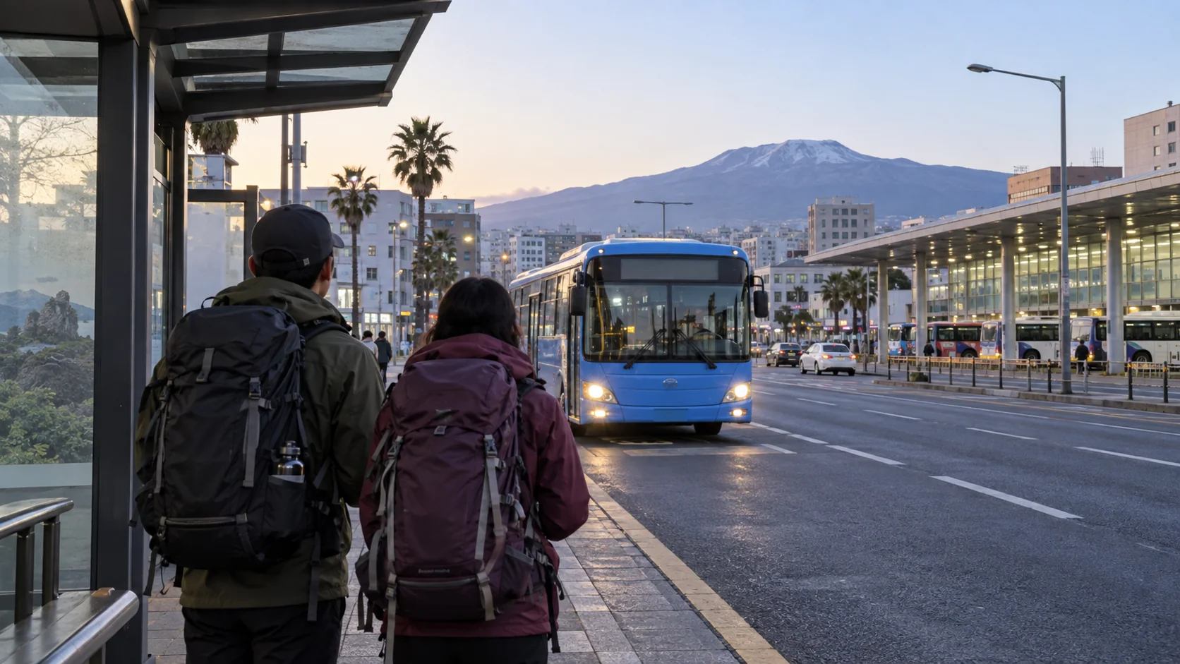 Hikers waiting for a public bus in Jeju City at dawn