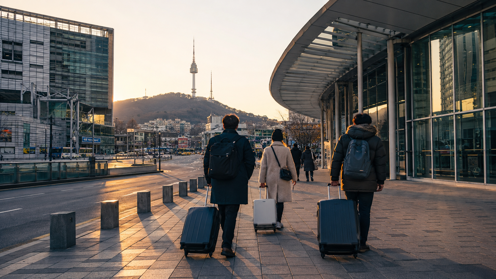 Illustrative travellers with luggage near Seoul Station at sunrise