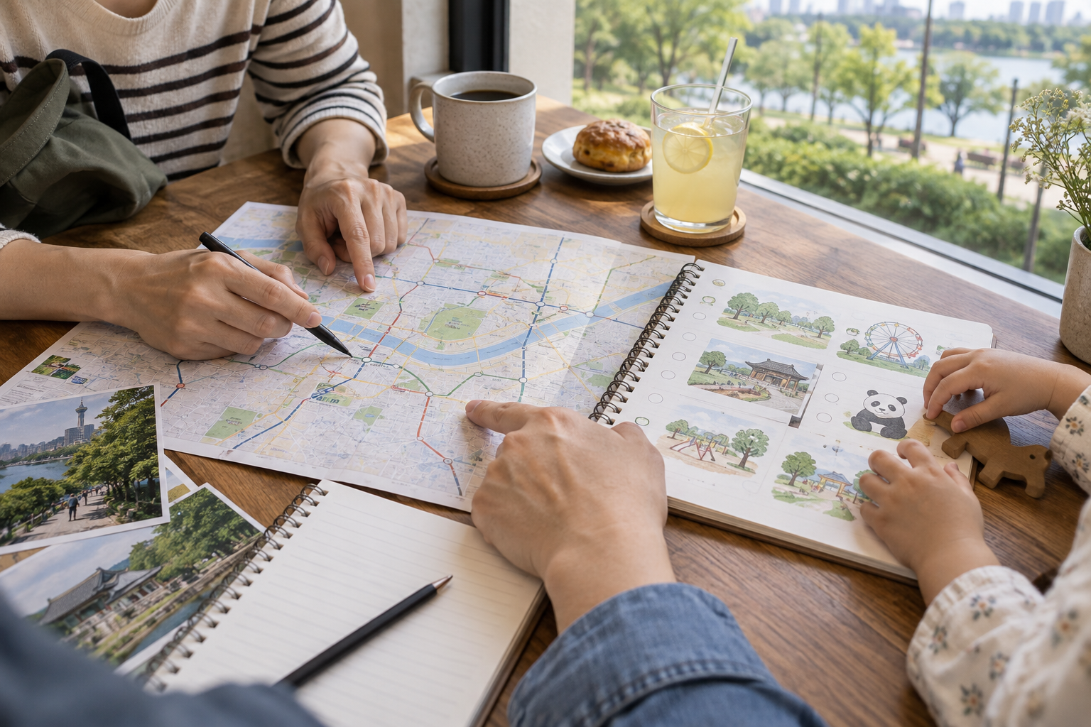 Family travel planning at an unbranded café table; no hotel identity.