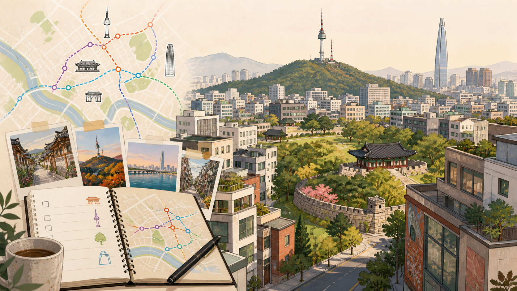 Illustrative editorial image for a first-time Seoul travel-planning guide; it does not depict a specific hotel.