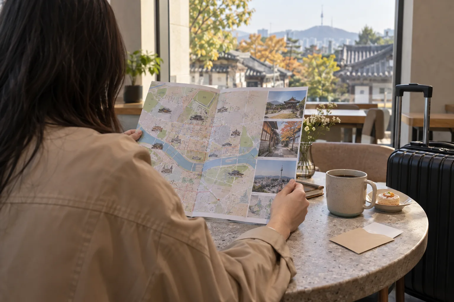 Traveler reviewing an unreadable Seoul map beside luggage at a cafe table.