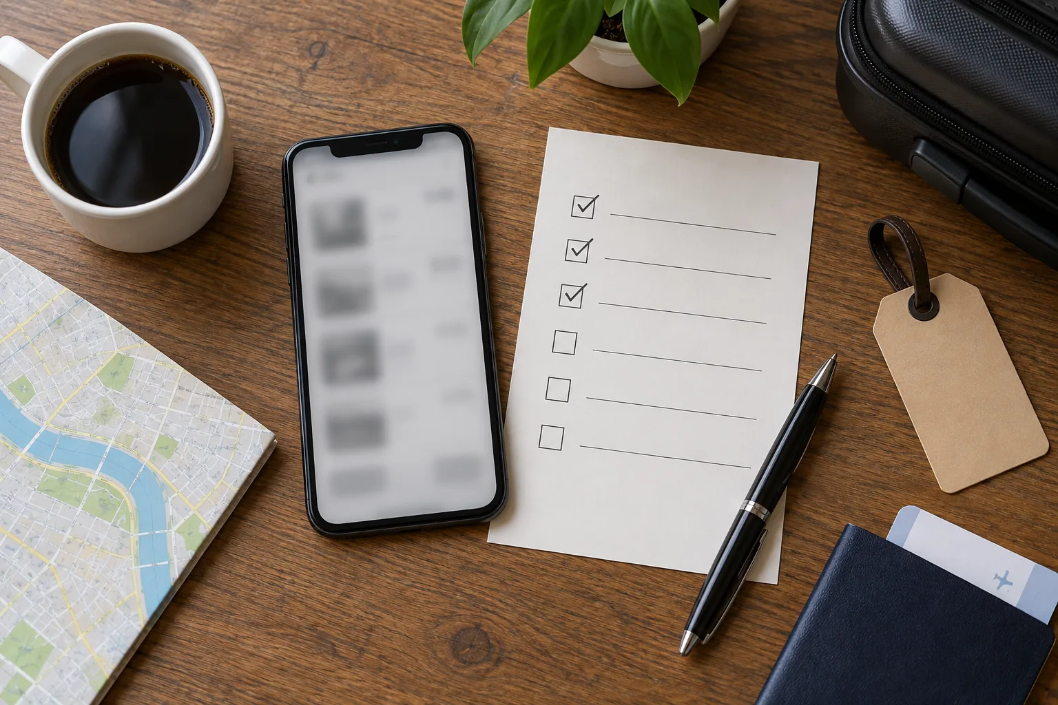 Travel checklist, luggage tag, and phone with an unreadable accommodation booking screen.