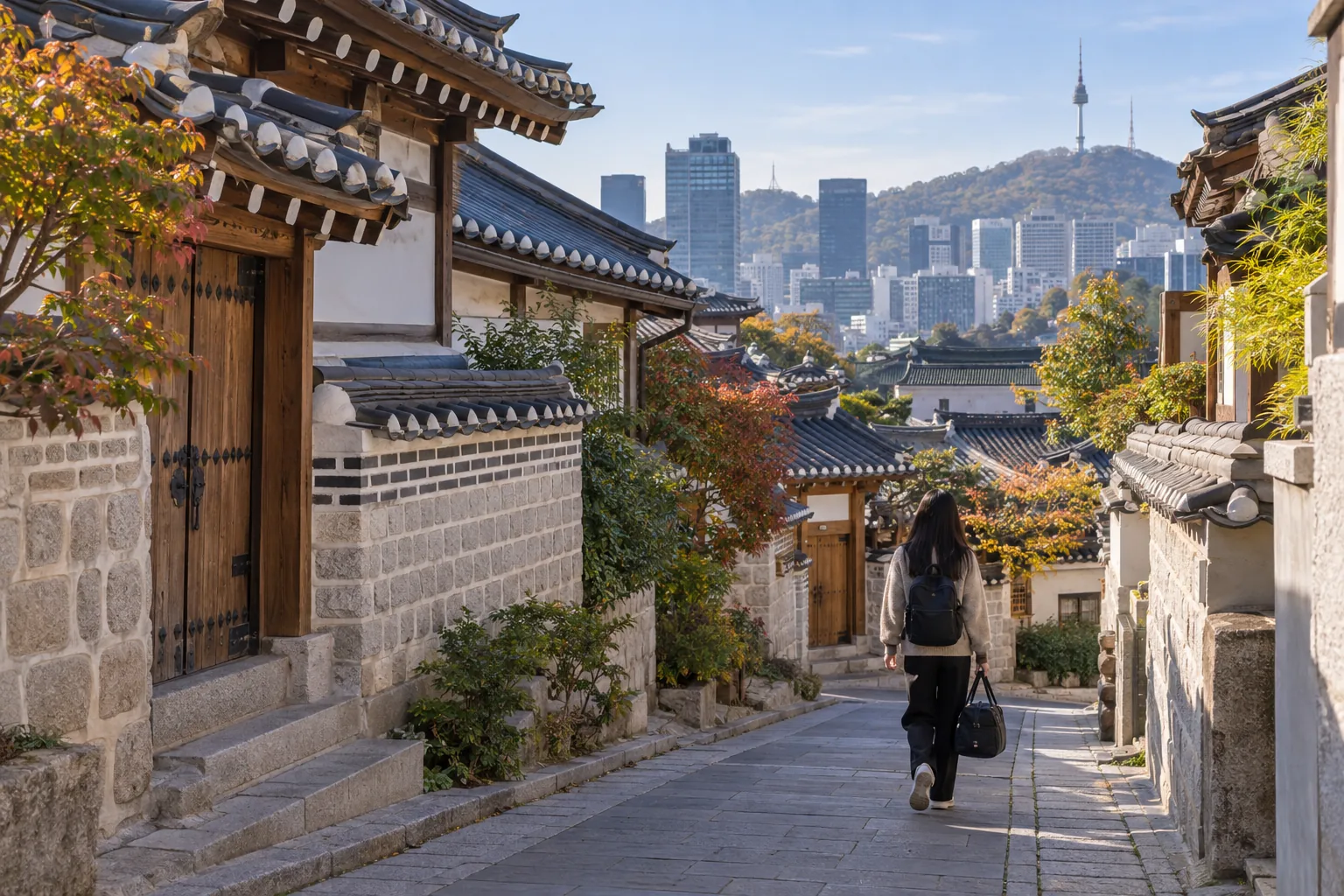 Generic Seoul historic-neighborhood lane with hanok rooflines, early-autumn trees, and a traveler carrying an overnight bag.
