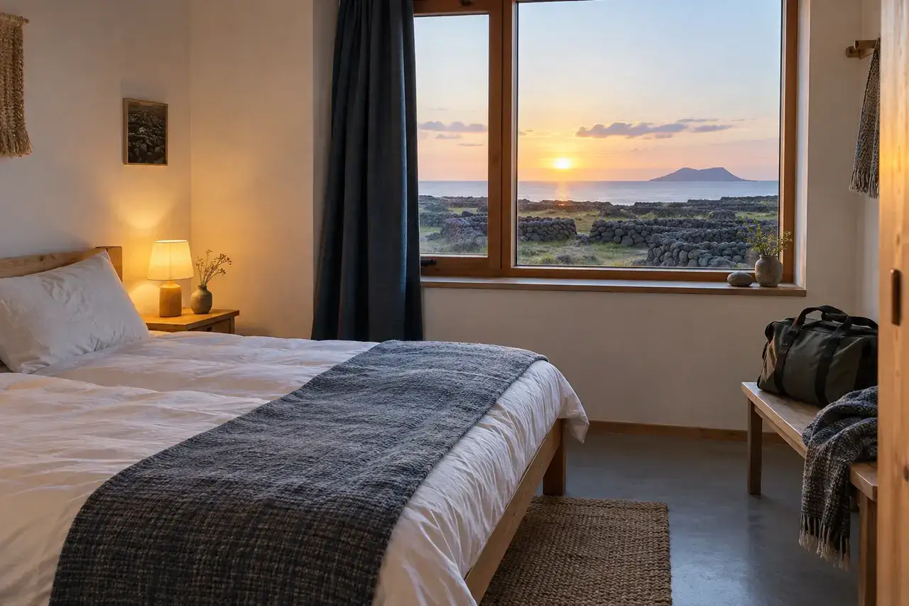 A simple unbranded Udo guest room overlooks basalt field walls and the sea at sunrise.