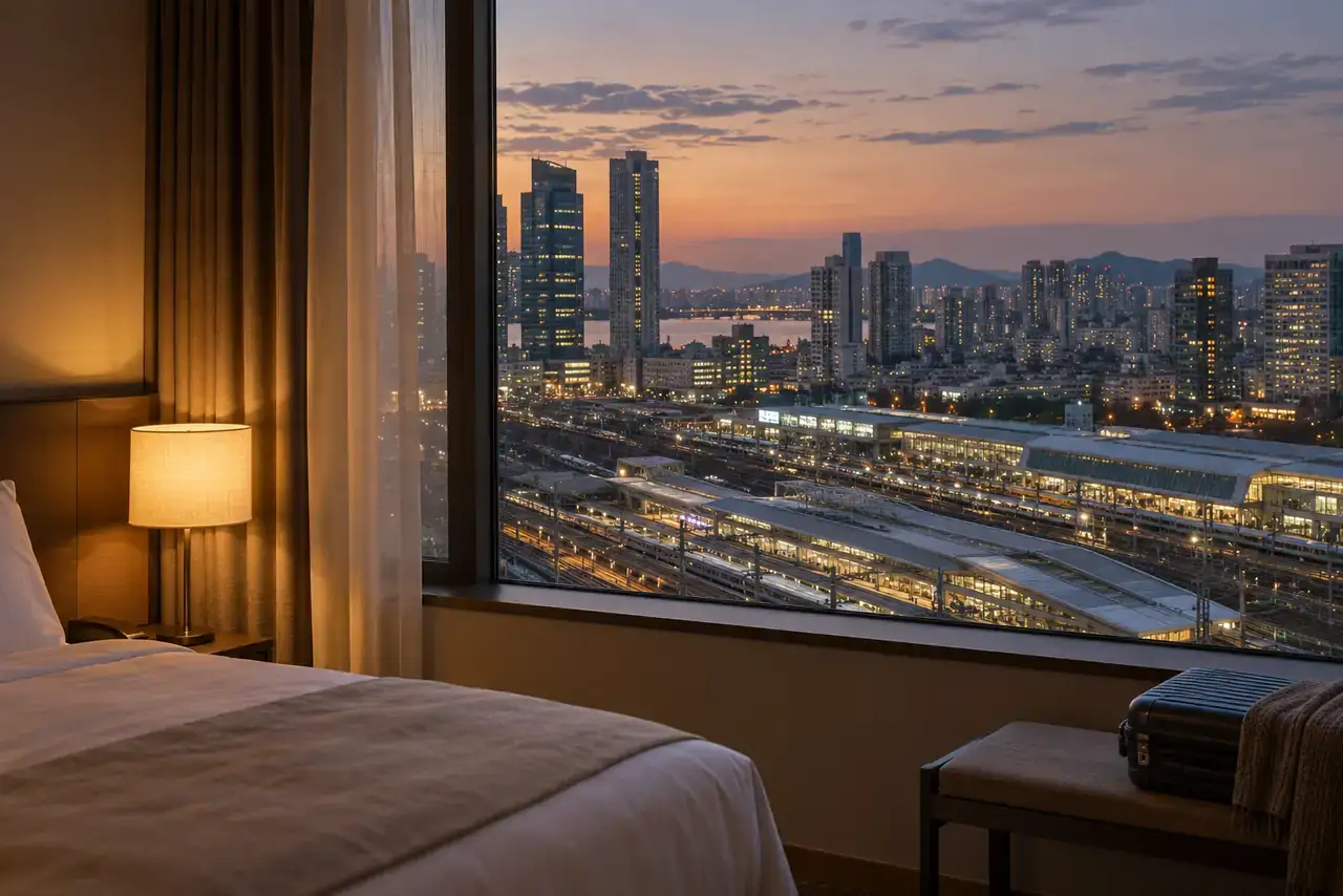 Quiet guest-room window at dusk overlooking rail platforms and southwest Seoul towers near Yeongdeungpo.
