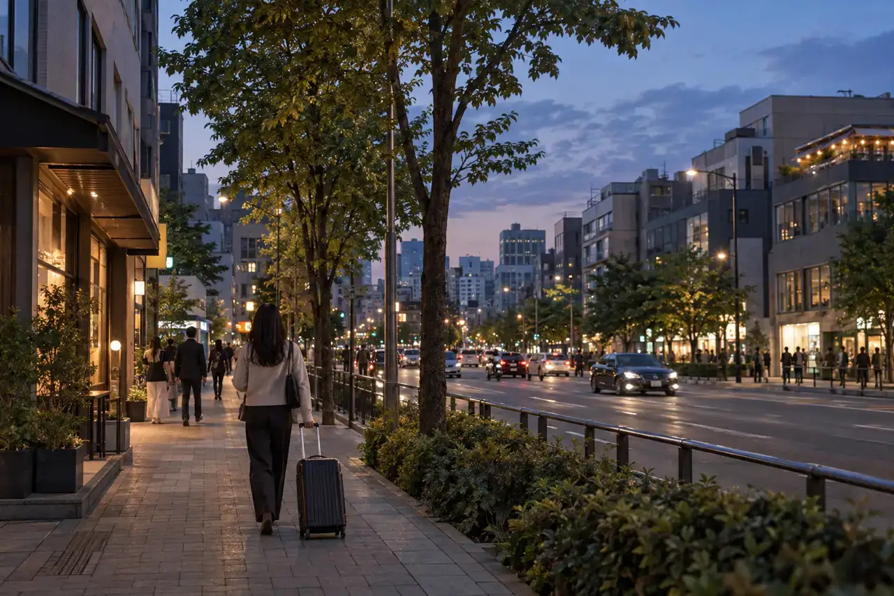 A traveler pulls a suitcase along a broad, tree-lined street in Hapjeong at blue hour.
