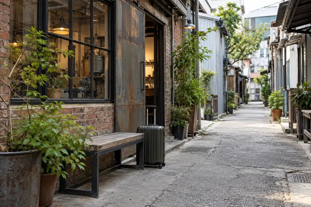 Compact dark suitcase beside a bench in a planted Mullae alley of brick studios and metal workshops.