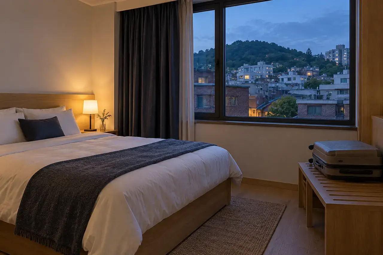 An unbranded Busan guest room with a packed suitcase and a window facing low-rise city hills at dusk.