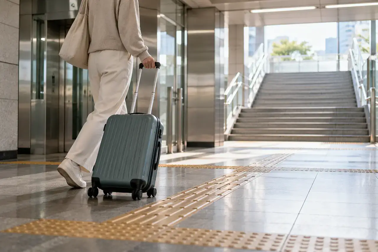 A traveler rolling a suitcase through a bright, unbranded subway interchange concourse with tactile paving and stairs.