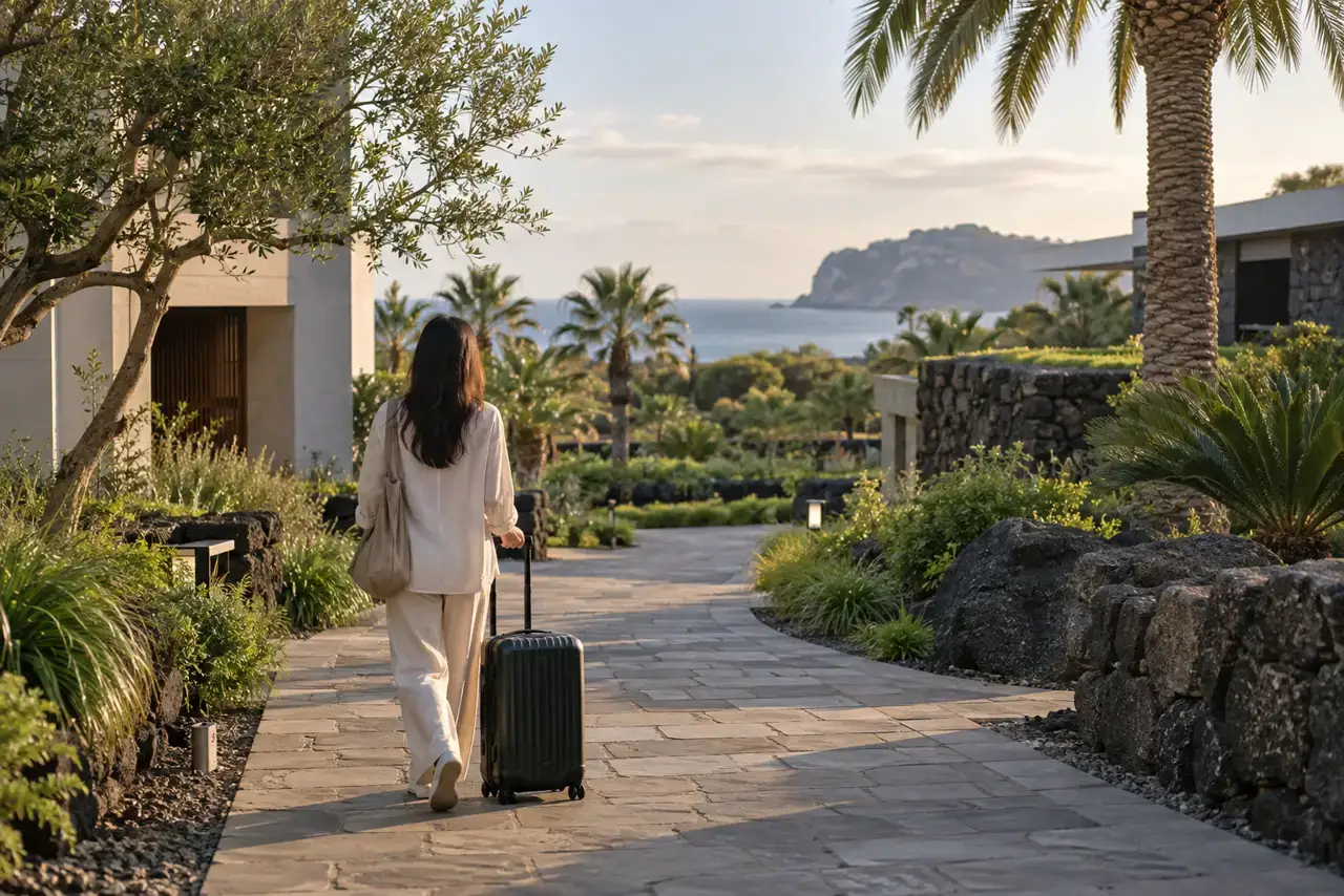 A traveler rolls a suitcase through a landscaped resort district in Jungmun, Jeju, in soft morning light.