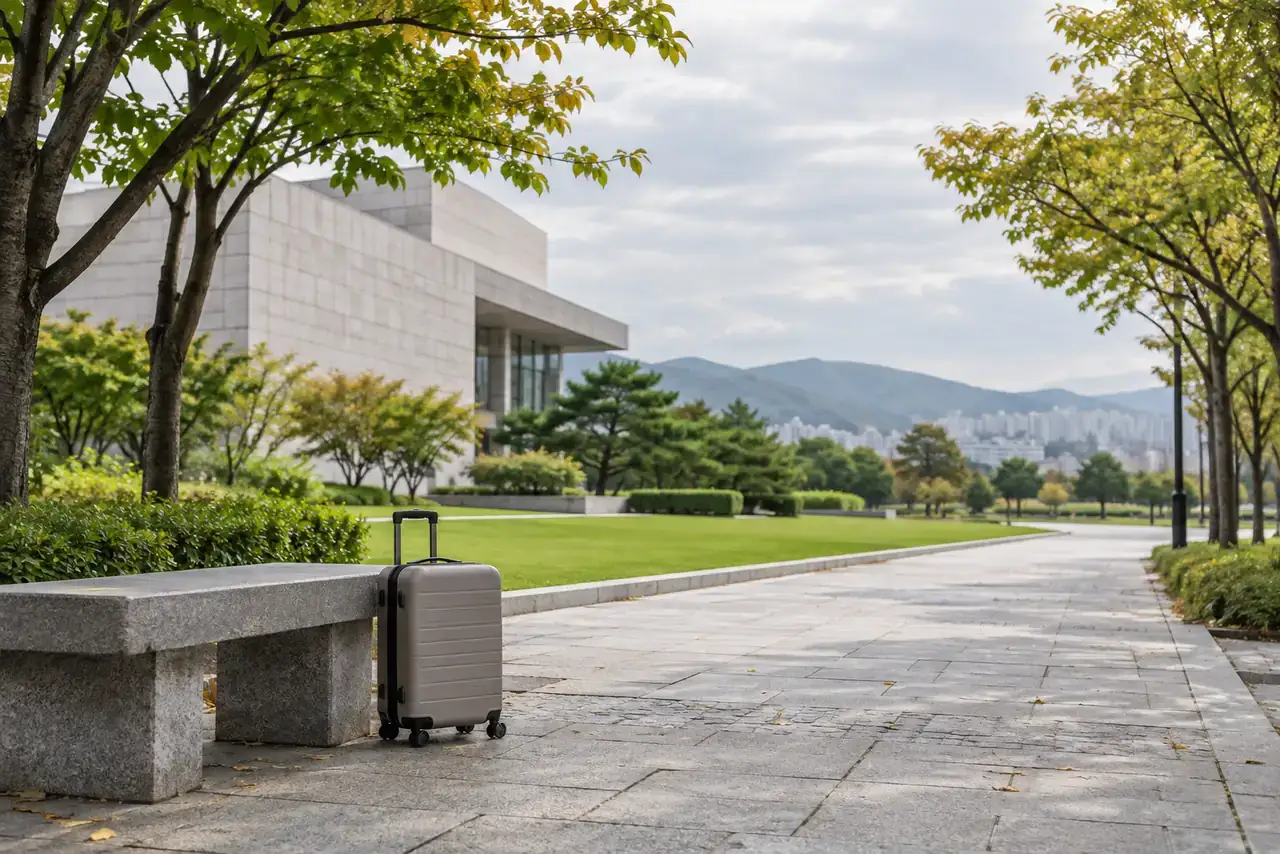 Compact suitcase beside a stone bench on a tree-lined civic walkway in Daeyeon, Busan.