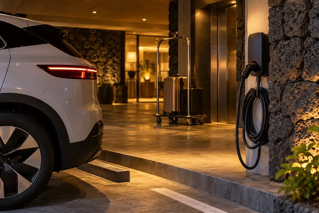 Electric rental car, coiled charging cable and luggage trolley in a softly lit generic Jeju lodging car park.