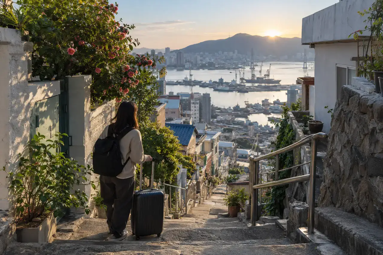 A traveler with a suitcase pauses above steep steps in Busan's Choryang hillside neighborhood.