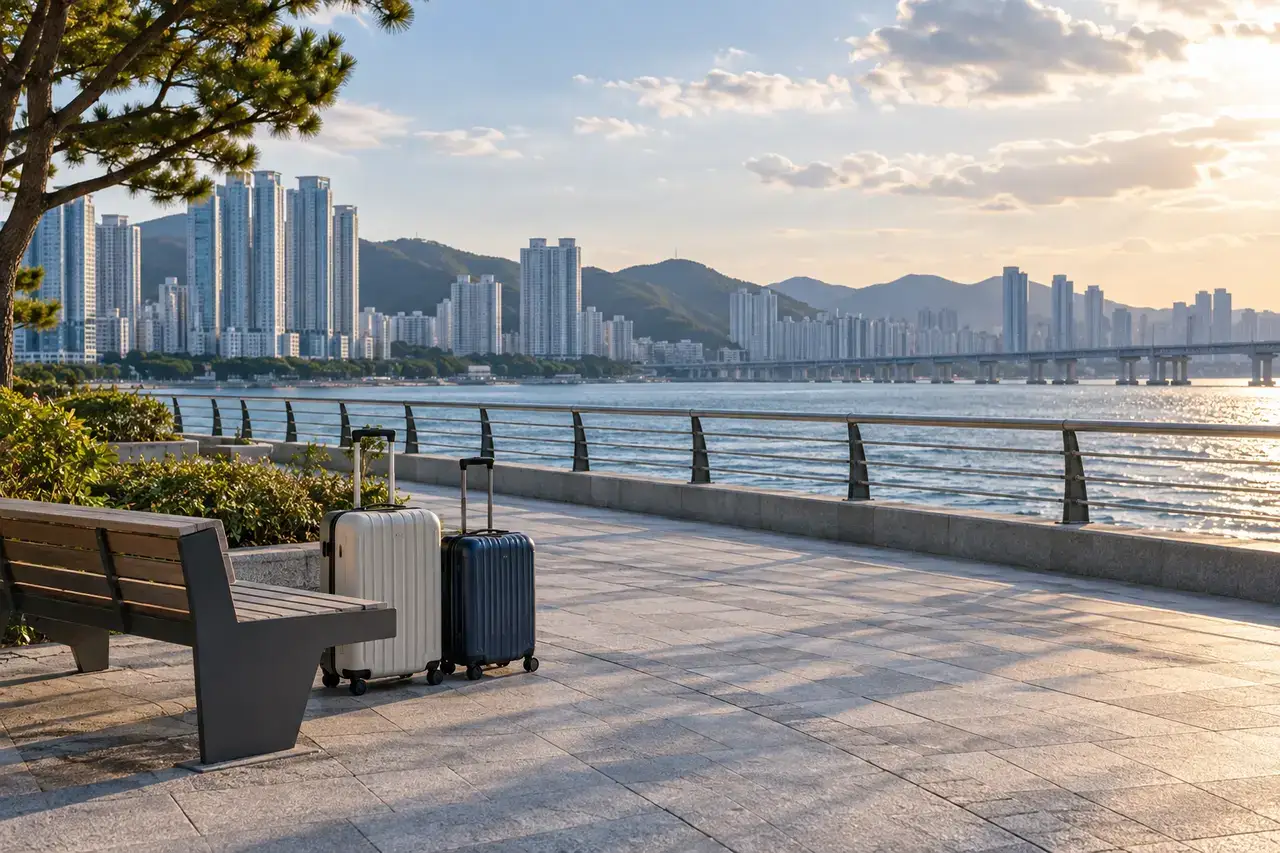 Two suitcases beside a waterfront promenade in Suyeong, Busan, with apartment towers and green hills beyond the water.
