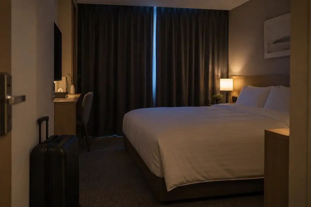 A quiet unbranded guest room at predawn with closed curtains and a packed suitcase by the bed.
