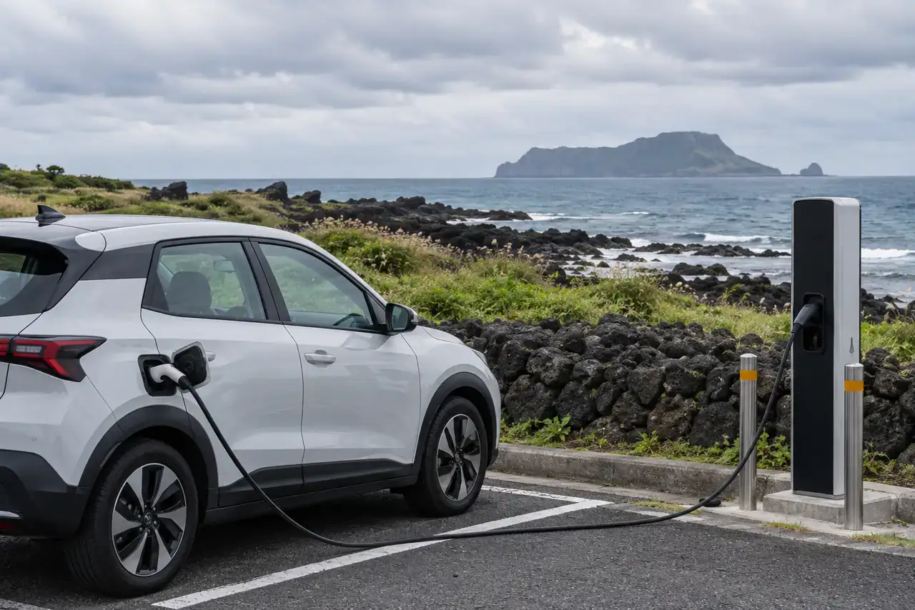 Unbranded electric car charging beside a basalt-stone coastal parking area under cloudy skies in Jeju.