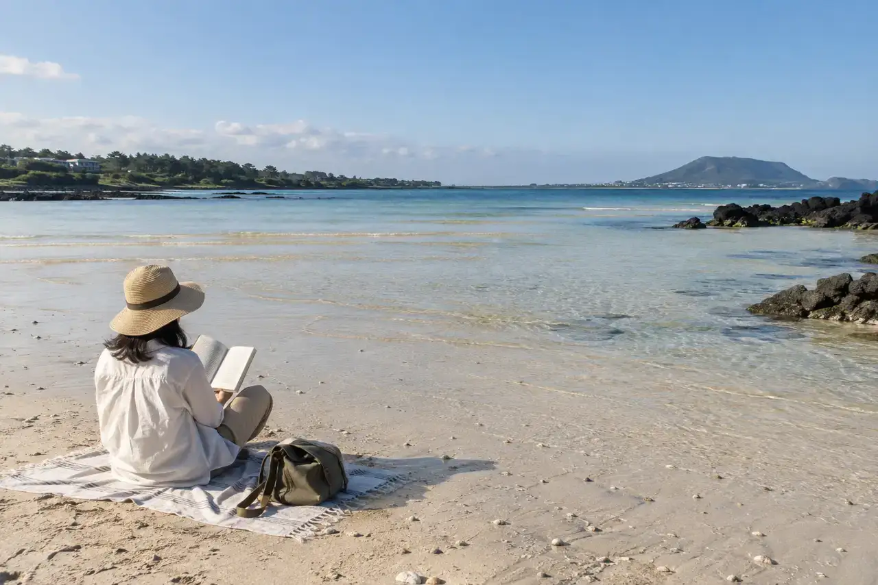 A traveler reads beside the shallow tidal water and pale sand at Pyoseon Beach on Jeju.