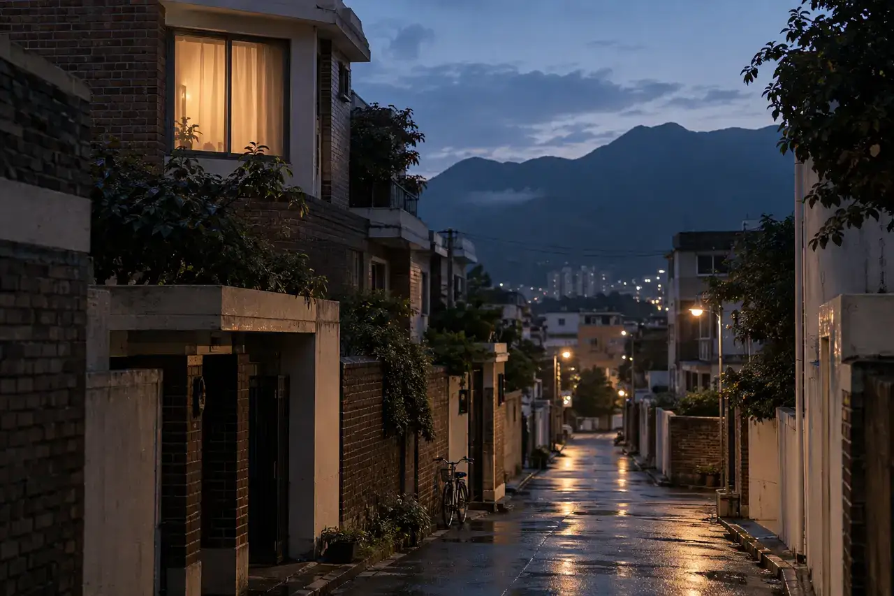 Rain-darkened Dongnae residential lane at blue hour with a softly lit window and mountain silhouette.