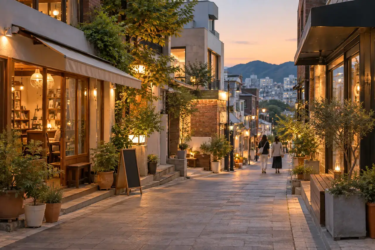 Warm early-evening pedestrian lane with small cafes, bookstores and planters near Kyungsung University in Busan.