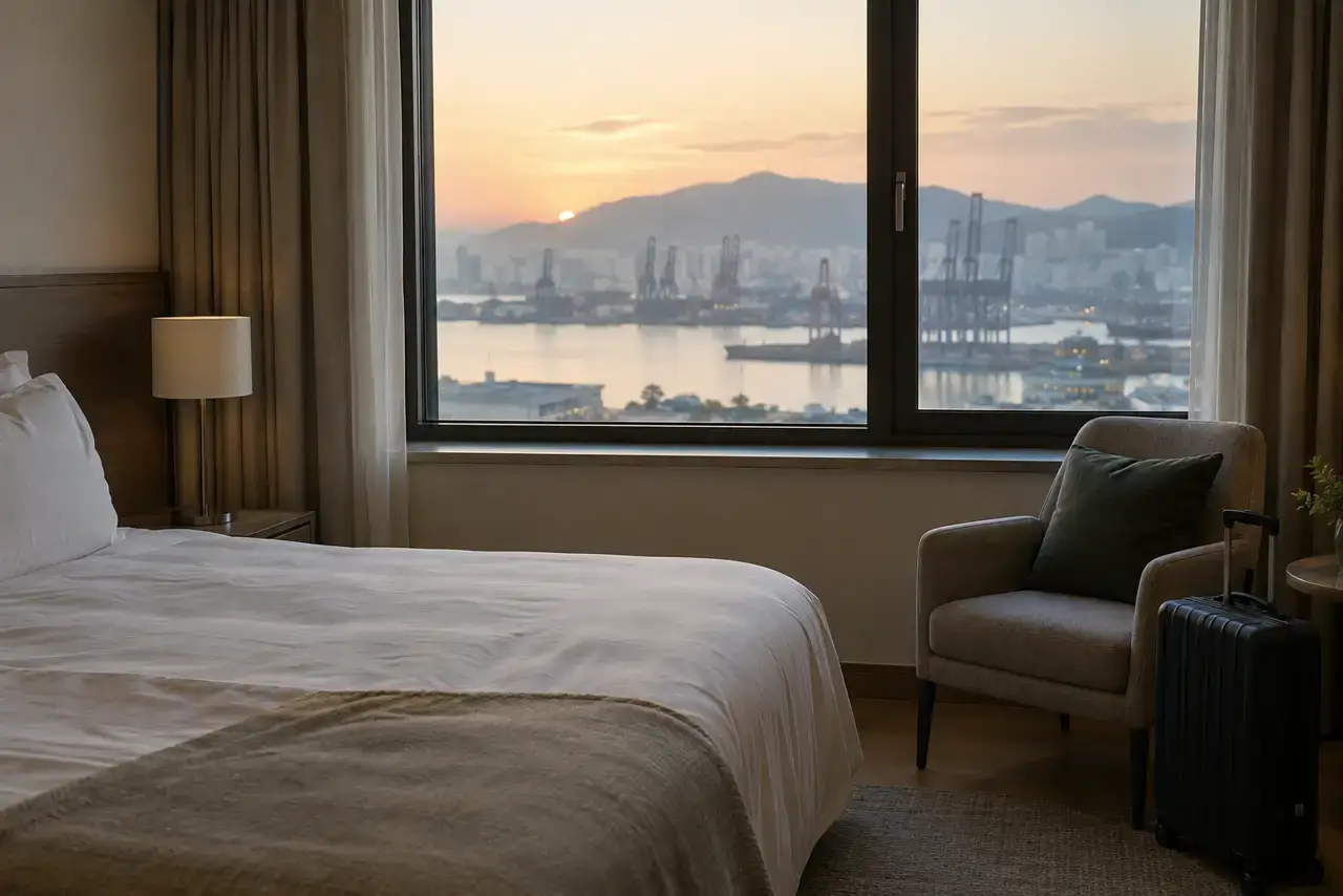 An unbranded hotel room overlooks Busan harbor at dawn, with a suitcase beside the chair.