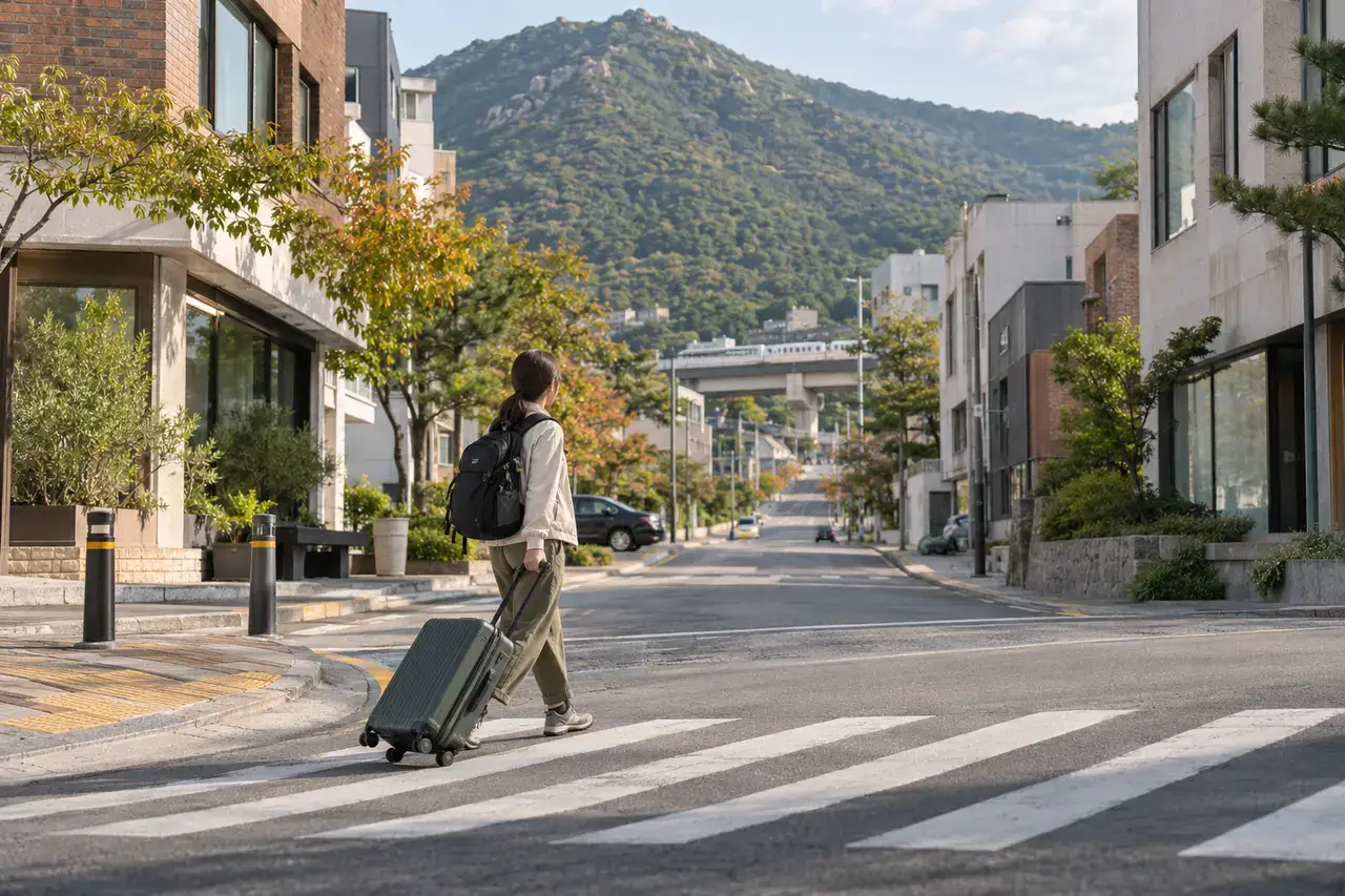 Traveler with a daypack and suitcase crossing a quiet Oncheonjang street beneath a green mountain and elevated metro line.