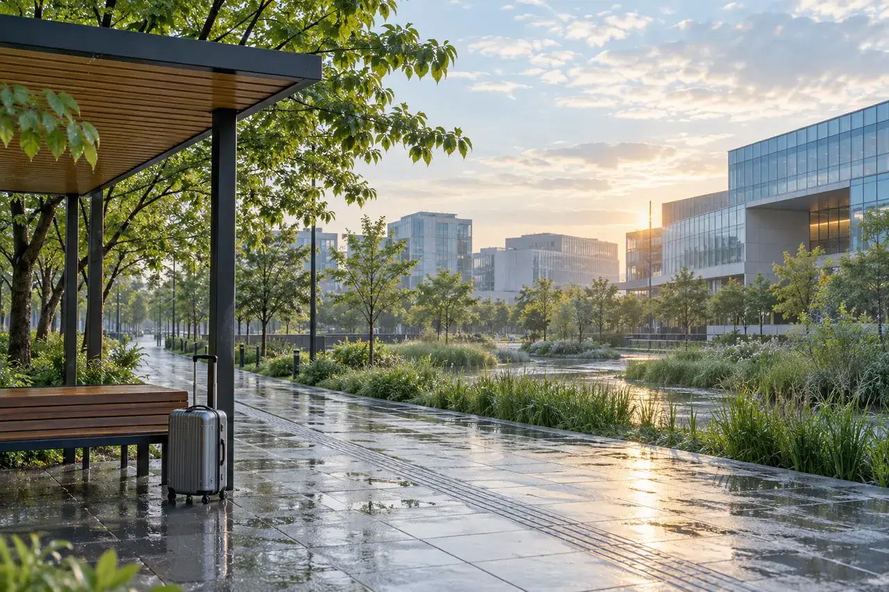 A suitcase beside a sheltered bench in a landscaped Magok business district after rain in early morning light.