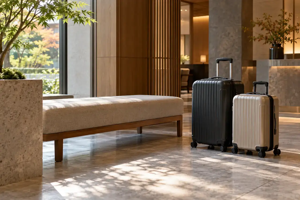 Two closed suitcases beside an upholstered bench in a quiet, unbranded Seoul hotel lobby.