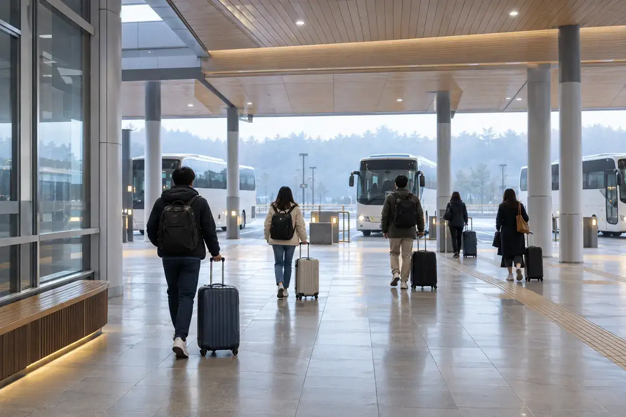 Travelers roll luggage across a calm Seoul coach terminal concourse toward morning departures.