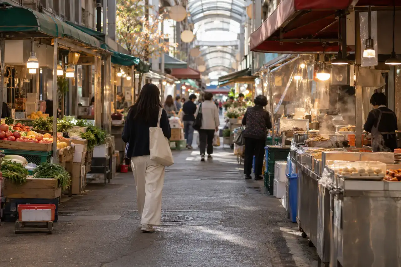 A traveler walks through a covered produce and food market lane in Mangwon, Seoul.