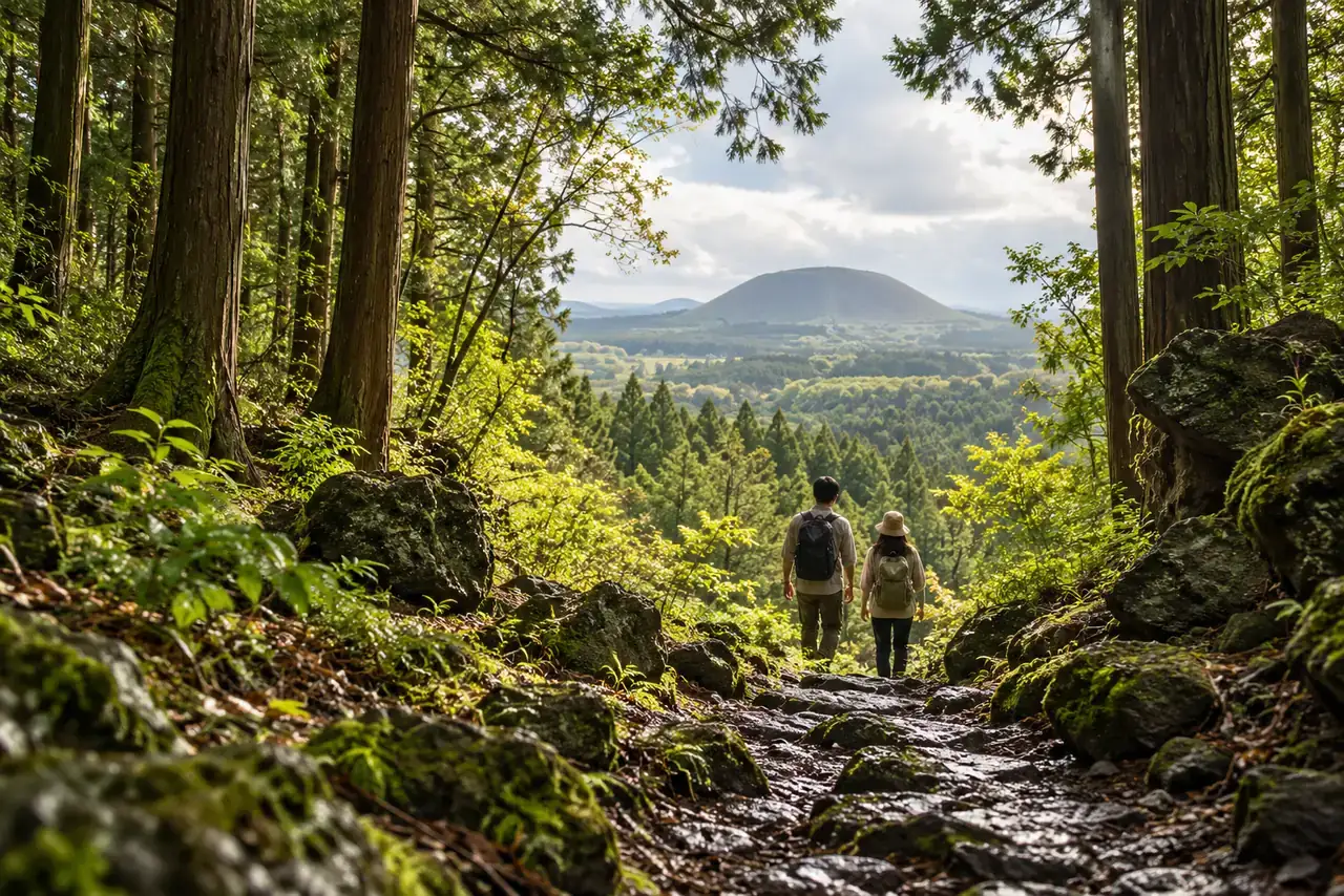 Two hikers on a mossy Jeju forest path with cedar trees and a rounded volcanic cone in the distance.