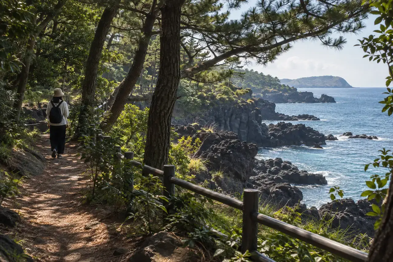 A traveler walks under pine trees above the volcanic coast at Namwon in southeast Jeju.