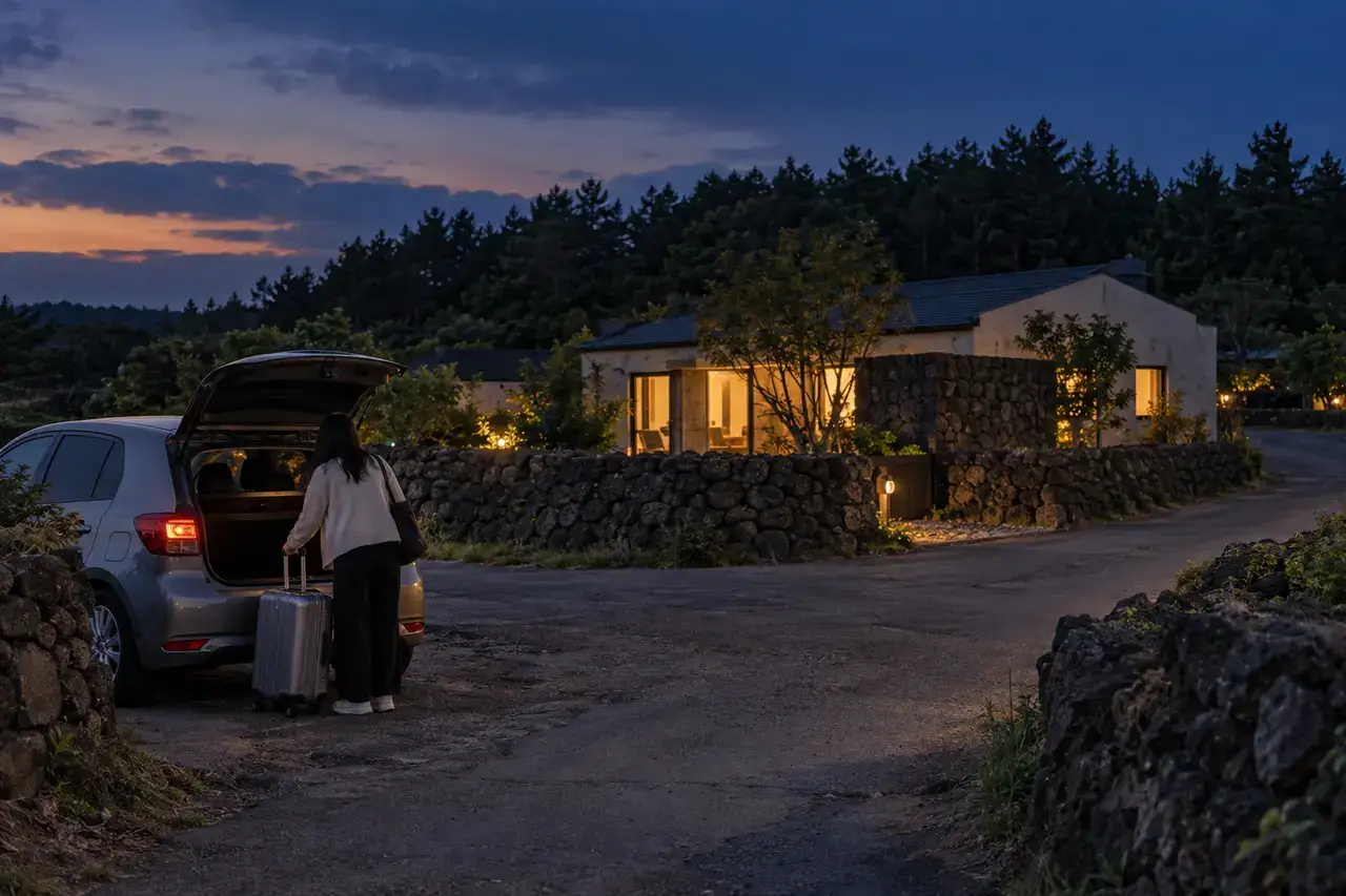 A traveler unloads a suitcase beside an unbranded rural Jeju lodging at blue hour, surrounded by stone walls and forest.