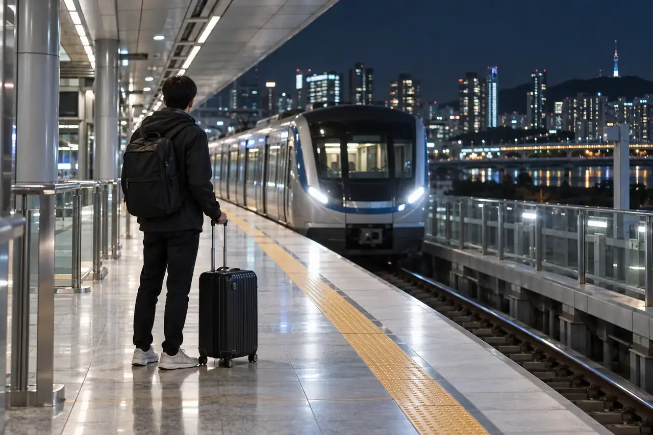 Traveler with a suitcase waiting beside an unbranded airport train on a Seoul platform at night.
