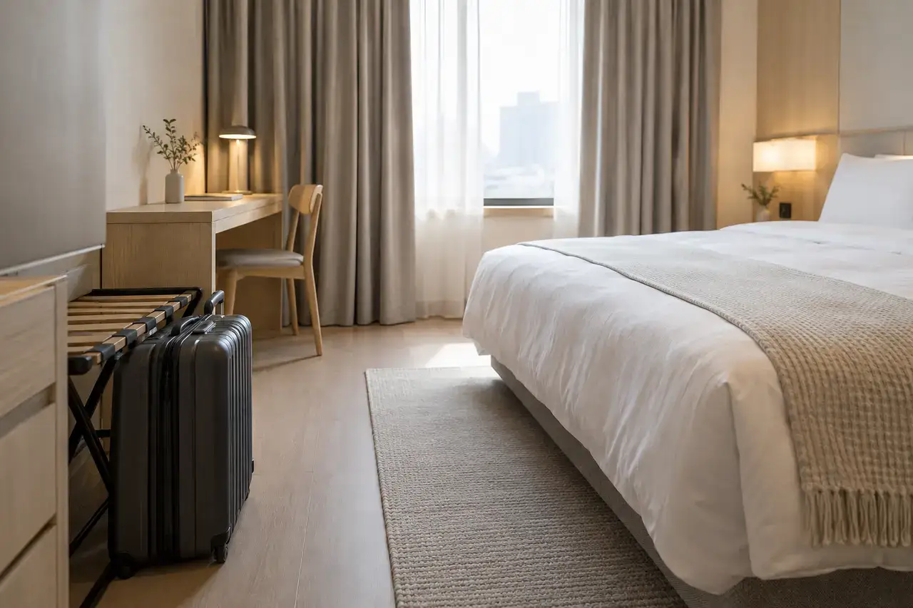 Compact neutral guest room with a suitcase beside a luggage bench near the bed.