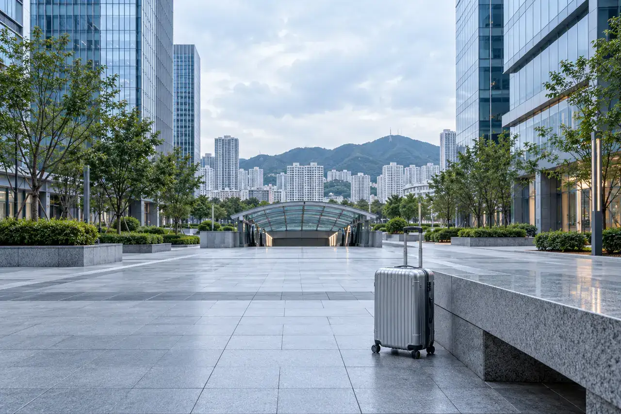 A suitcase beside a landscaped plaza among anonymous office towers in Munhyeon, Busan, with green hills beyond.