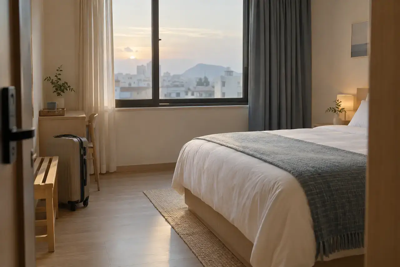 A compact unbranded Jeju City guest room with a suitcase, luggage bench and soft dawn light.