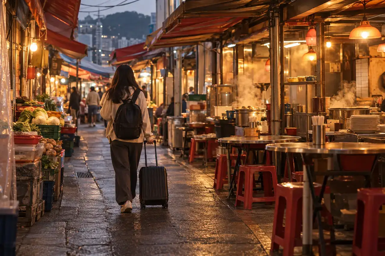 A traveler rolls a suitcase through an anonymous market-edge food lane in Beomil, Busan, during early evening.