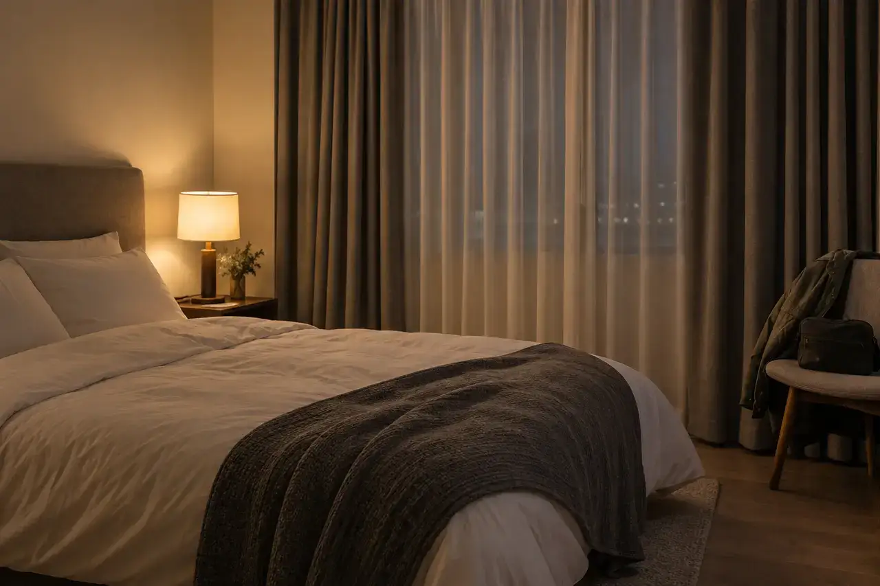 Quiet unbranded guest room with closed curtains, a bedside lamp and a jacket on a chair.