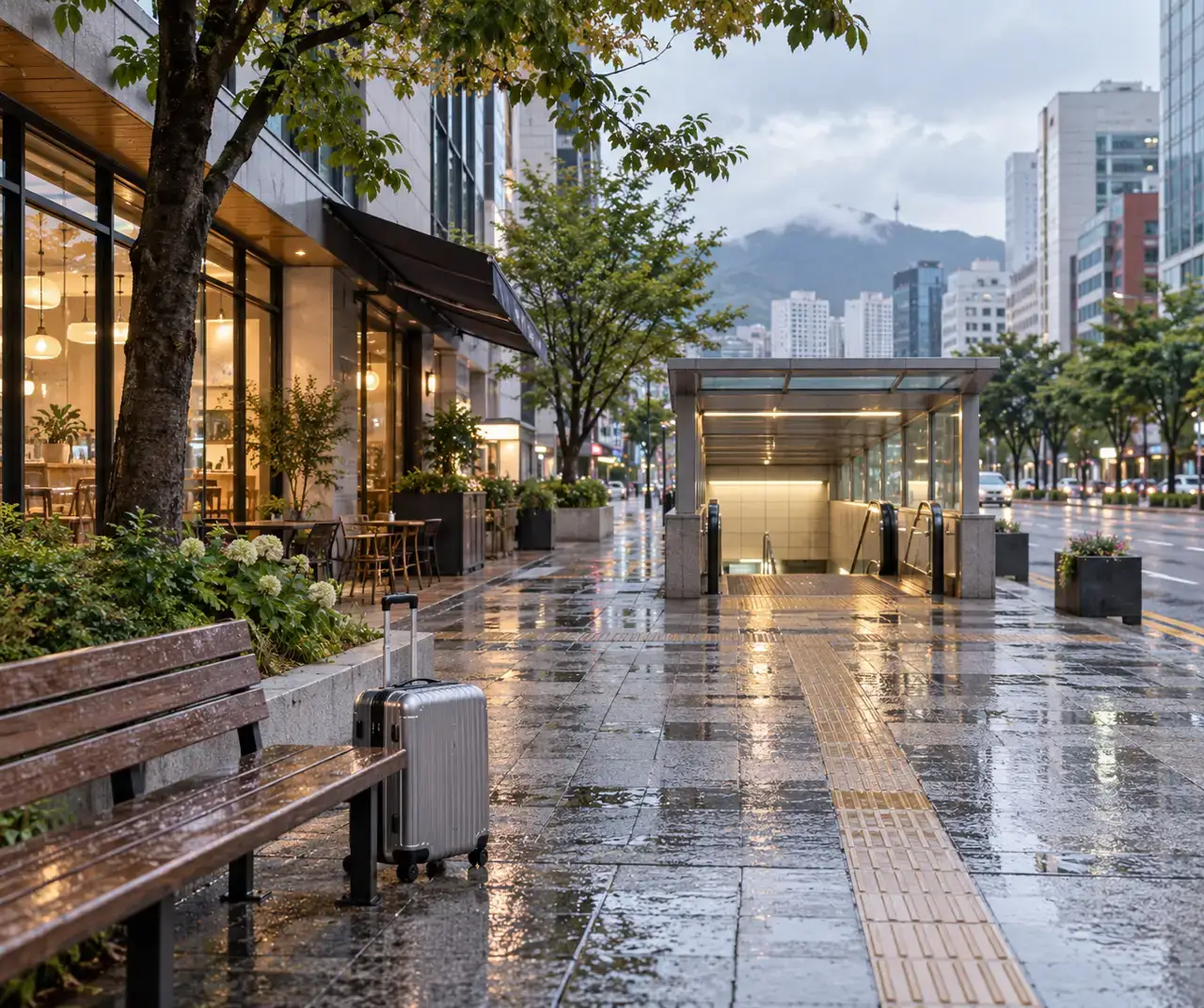 Rain-darkened Seomyeon street near a metro entrance in Busan, with a compact suitcase beside a bench.