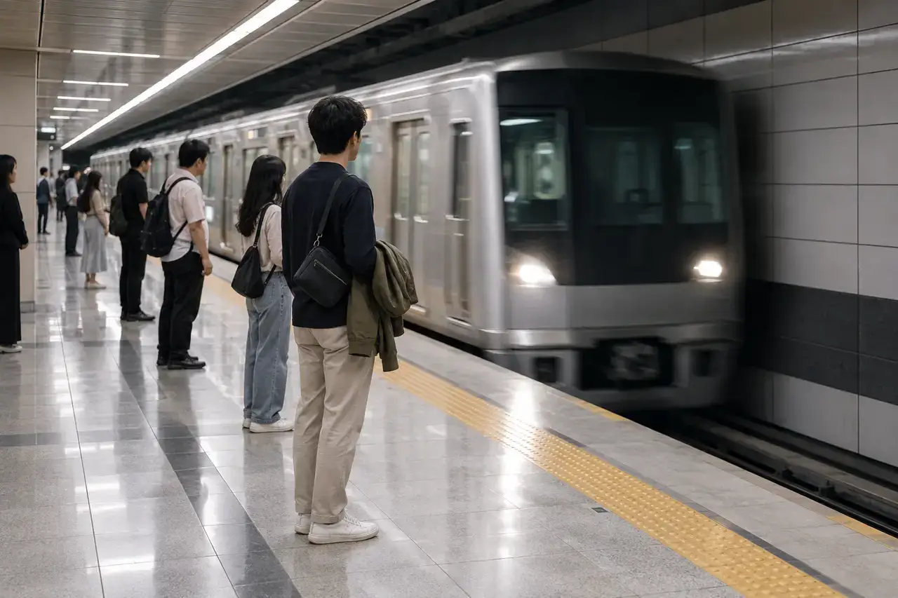 Passengers waiting on a plain Busan metro platform as a train arrives after dark.