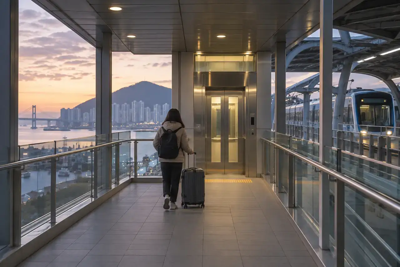 A traveler with a suitcase approaches an elevator on a covered light-rail platform in Busan.