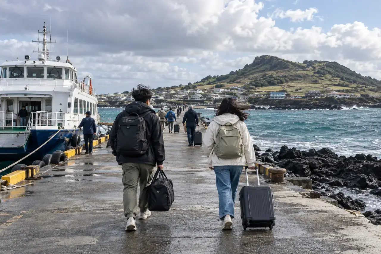 Travelers carry overnight bags along a windy Udo ferry pier beside an unmarked passenger vessel.