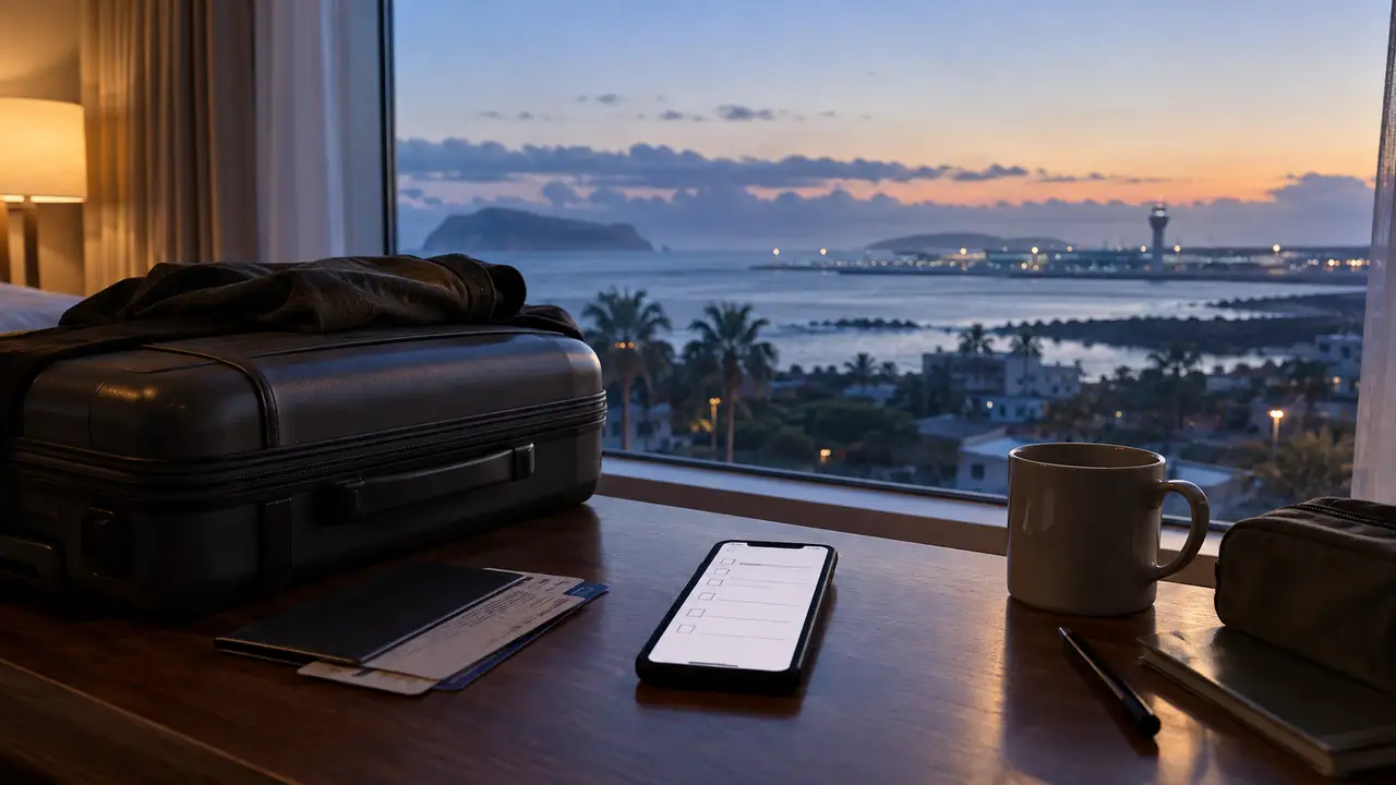 Luggage and a checklist for confirming an early airport departure.