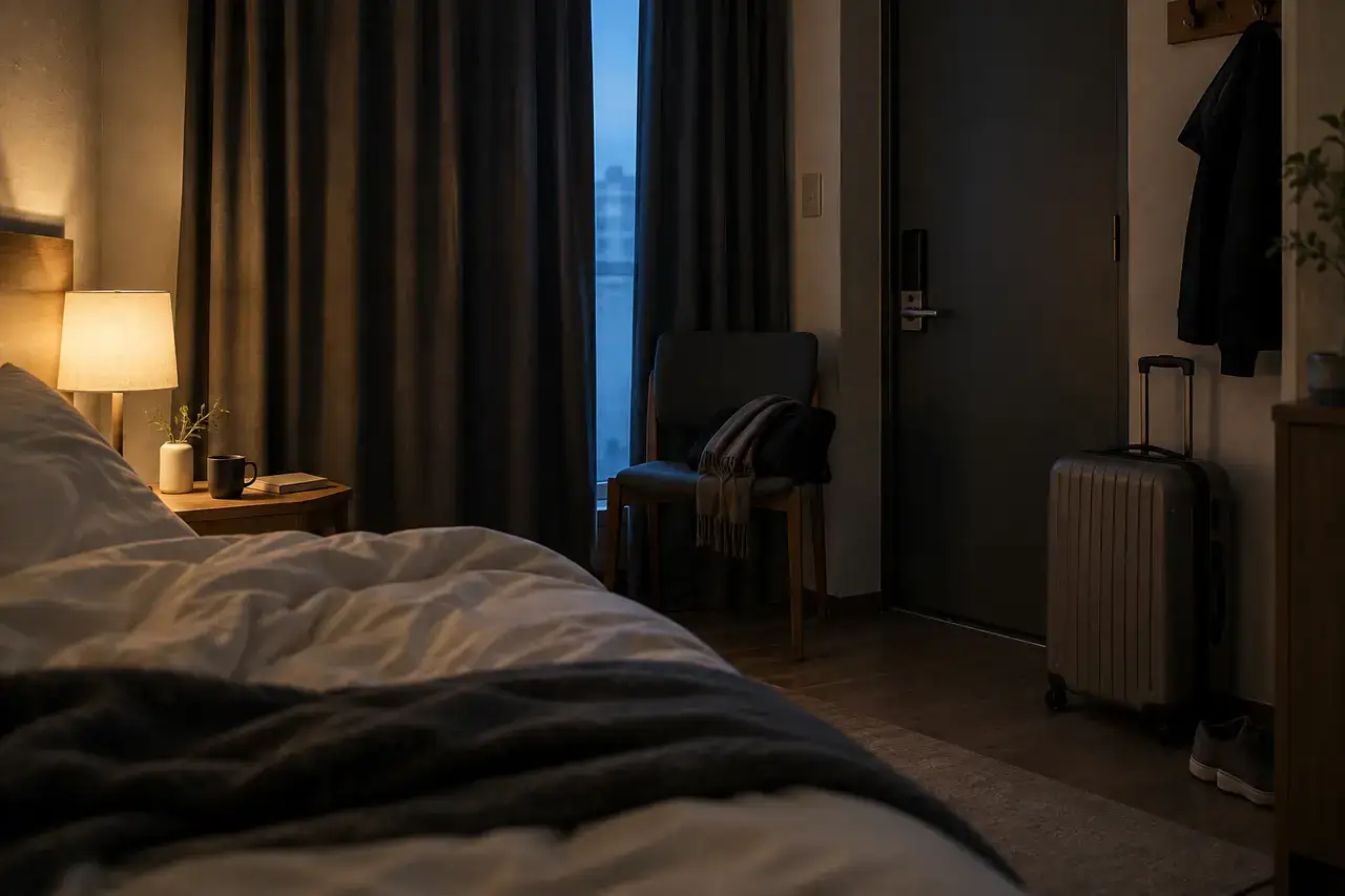 A packed suitcase waits by the door of a quiet Seoul room before an early departure.