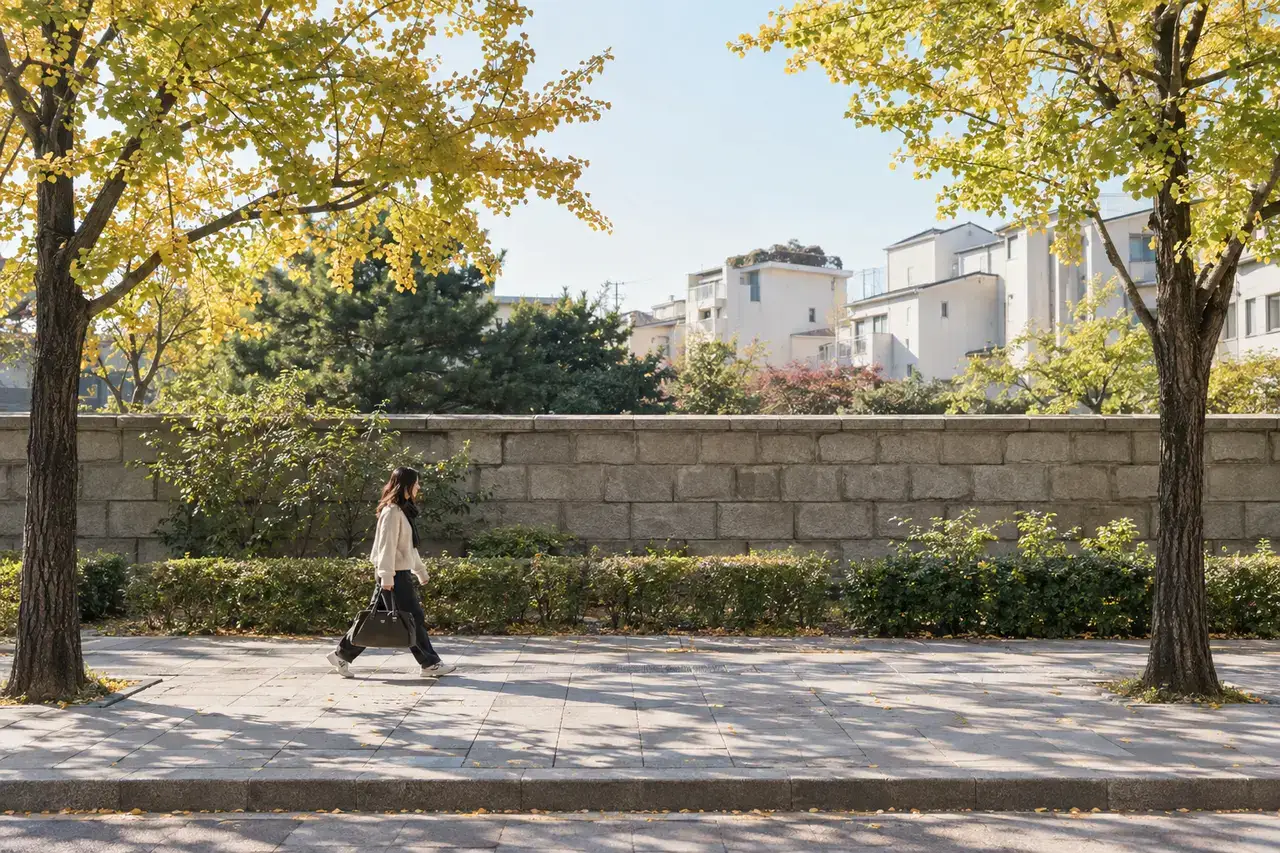 Traveler carrying a small bag along a tree-lined pavement in Seoul in early autumn.