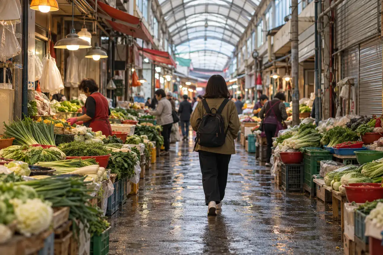 A traveler walks through a covered Bujeon market passage lined with vegetables after the floor has been washed.
