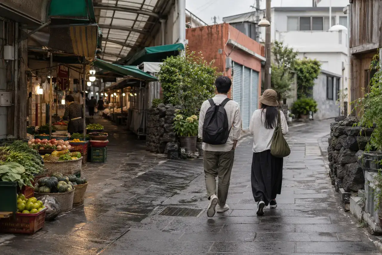 Travelers walk beside a quiet covered market lane and basalt walls in Old Jeju after rain.