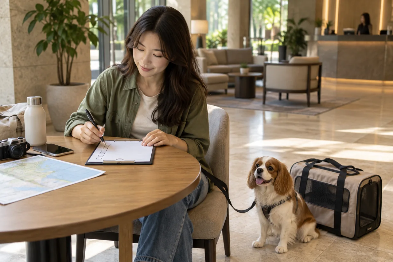 A traveler checks a blank accommodation checklist beside a dog carrier and leashed dog.