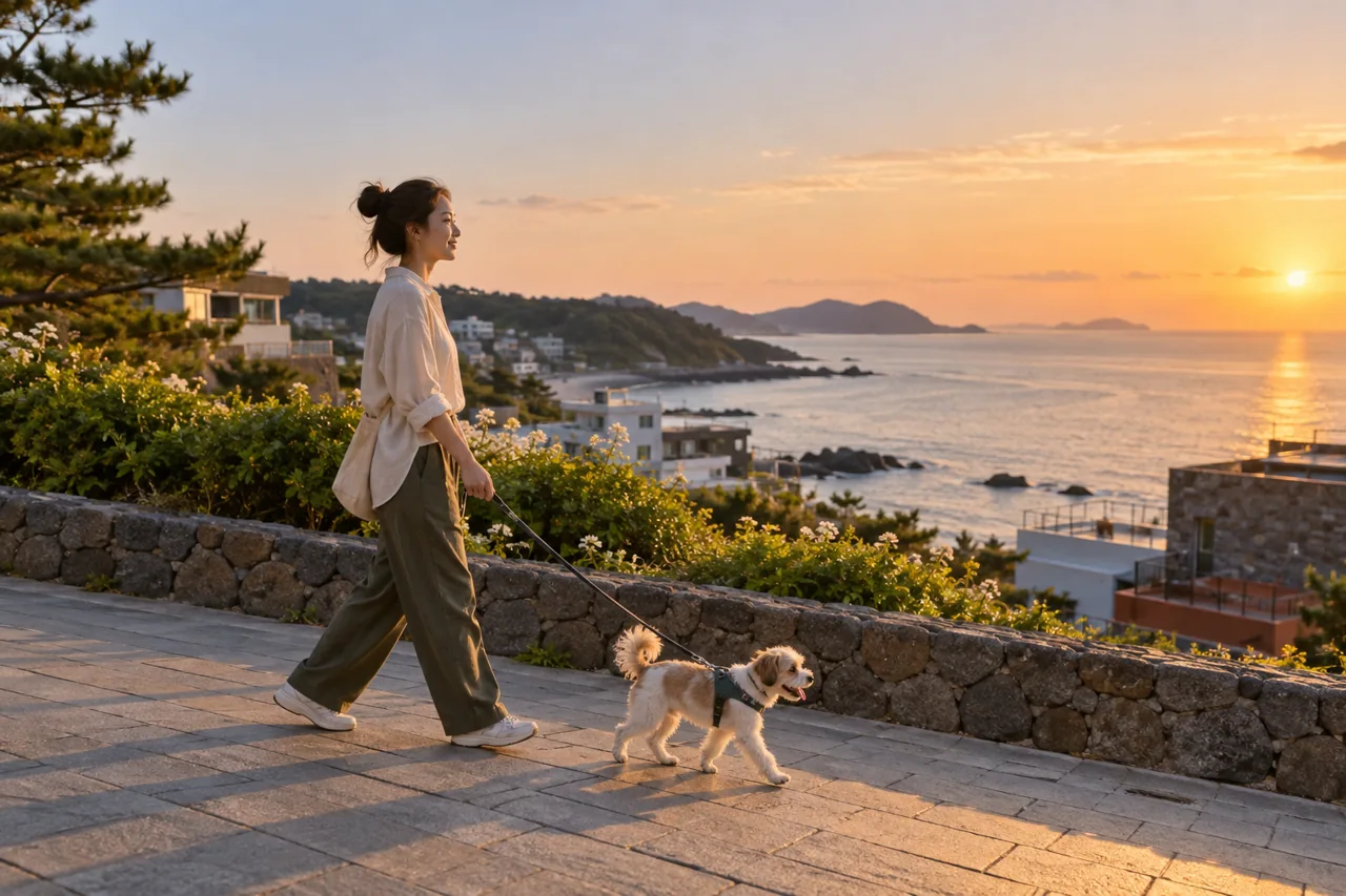 A traveler walks a leashed dog along a generic public city walkway.